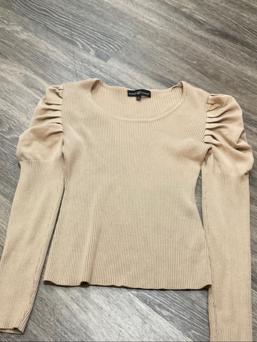 Almost Famous Beige Ribbed Puff-Sleeve Long Sleeve Top